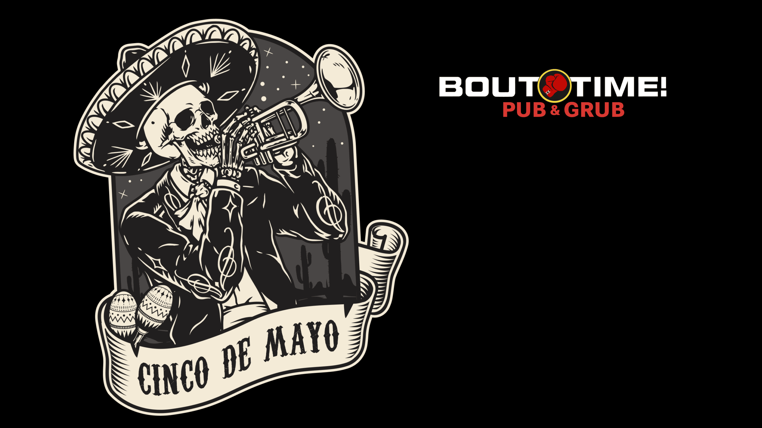 Illustration of a skeleton in a mariachi uniform playing a trumpet with the words Cinco de Mayo below.