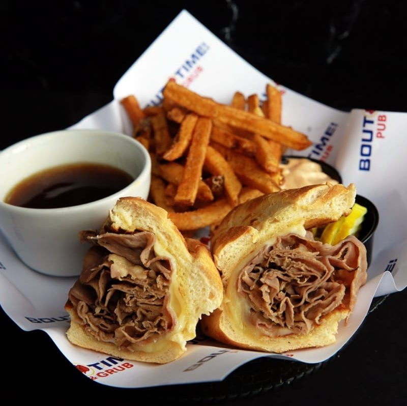 Thinly sliced roast beef piled high on a toasted hoagie roll with provolone cheese. Served with au jus.