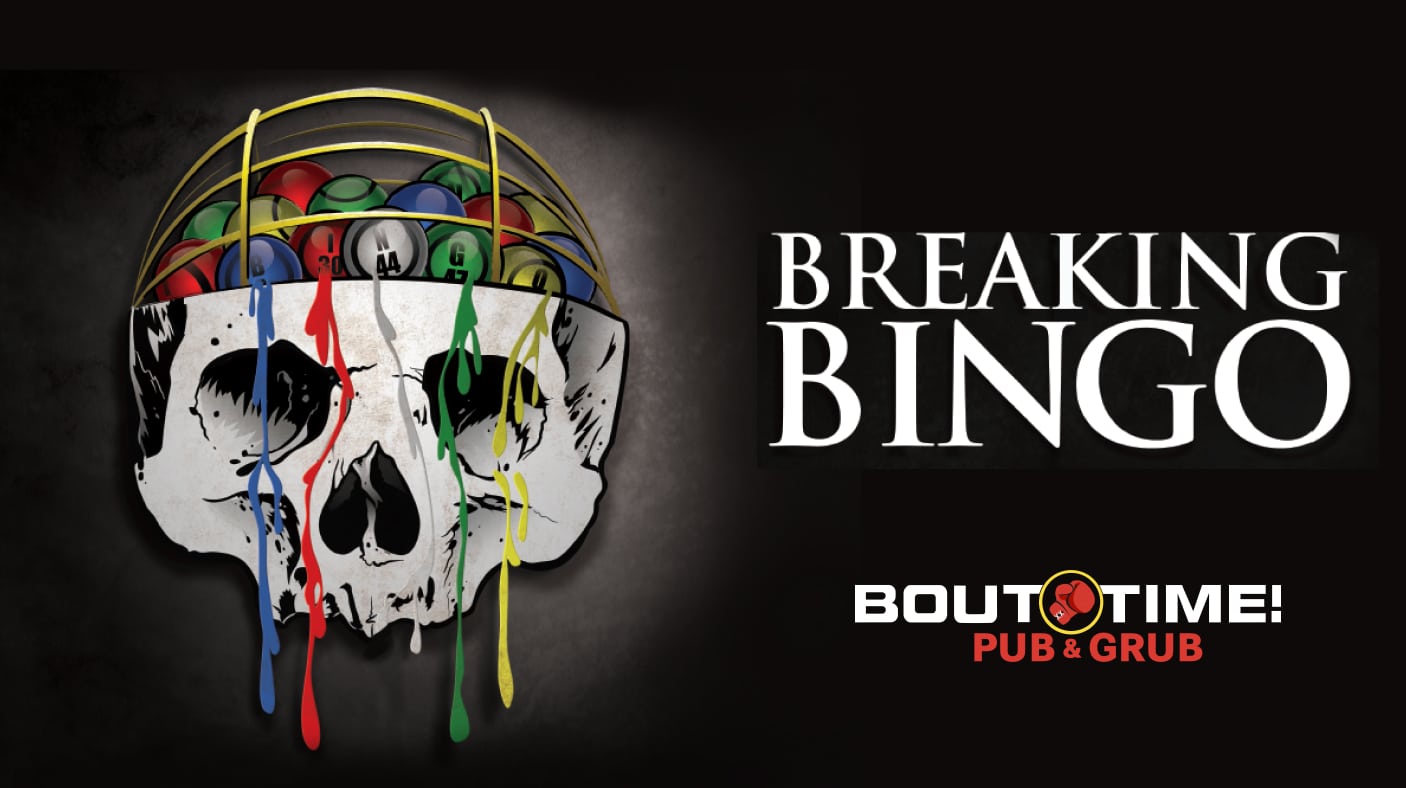 Infographic fr Bout Time Pub & Grub Breaking Bingo with Skull bingo generator illustration, texts says. "Breaking bingo"