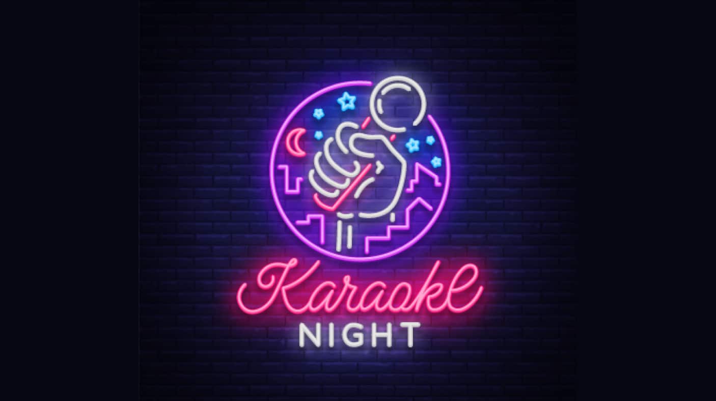 Infographic of lit up neon sign that says "Karaoke Night"
