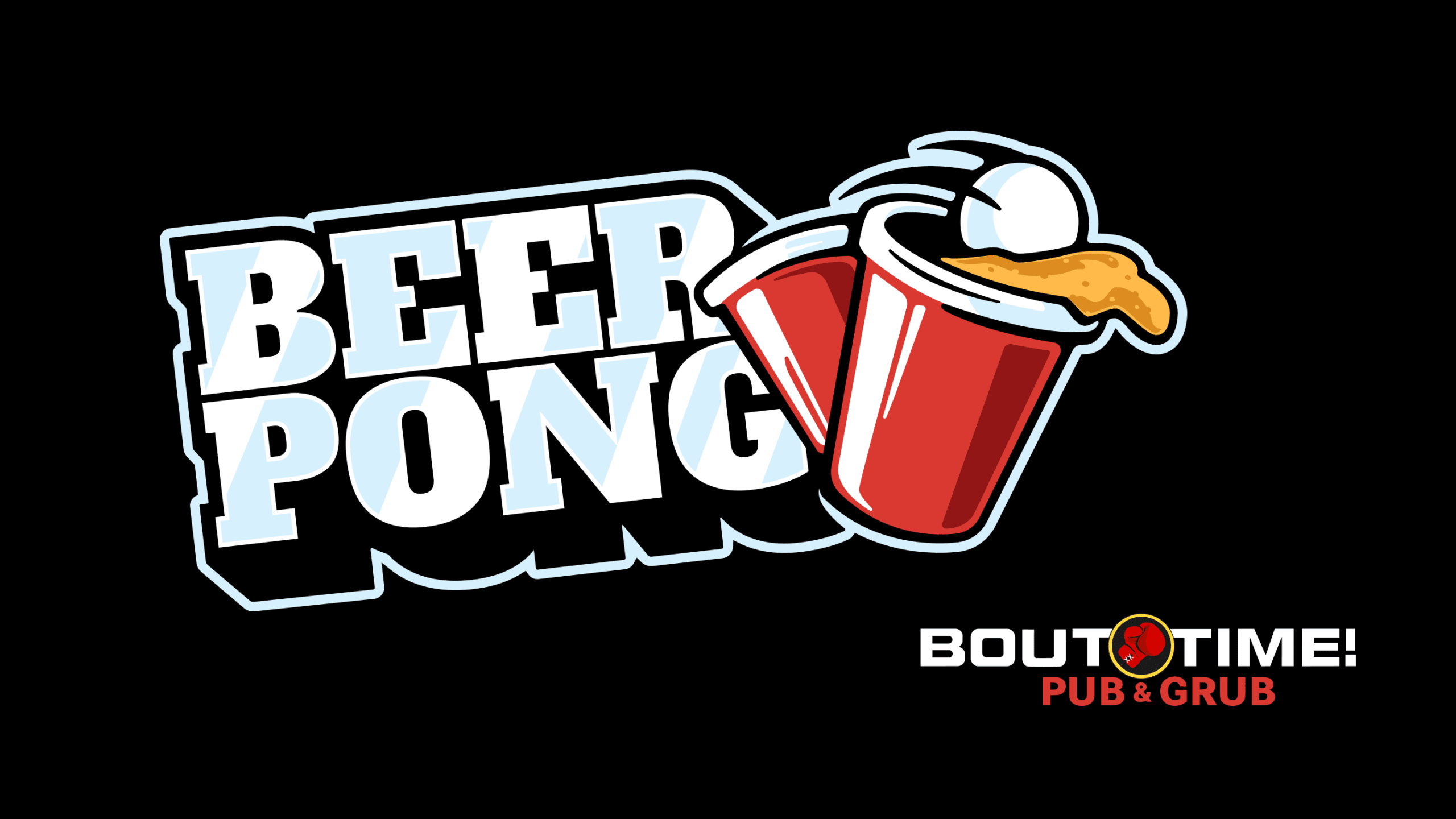 Illustrated letters that say BEER PONG and two red solo cups with a ping pong ball splashing into beer.